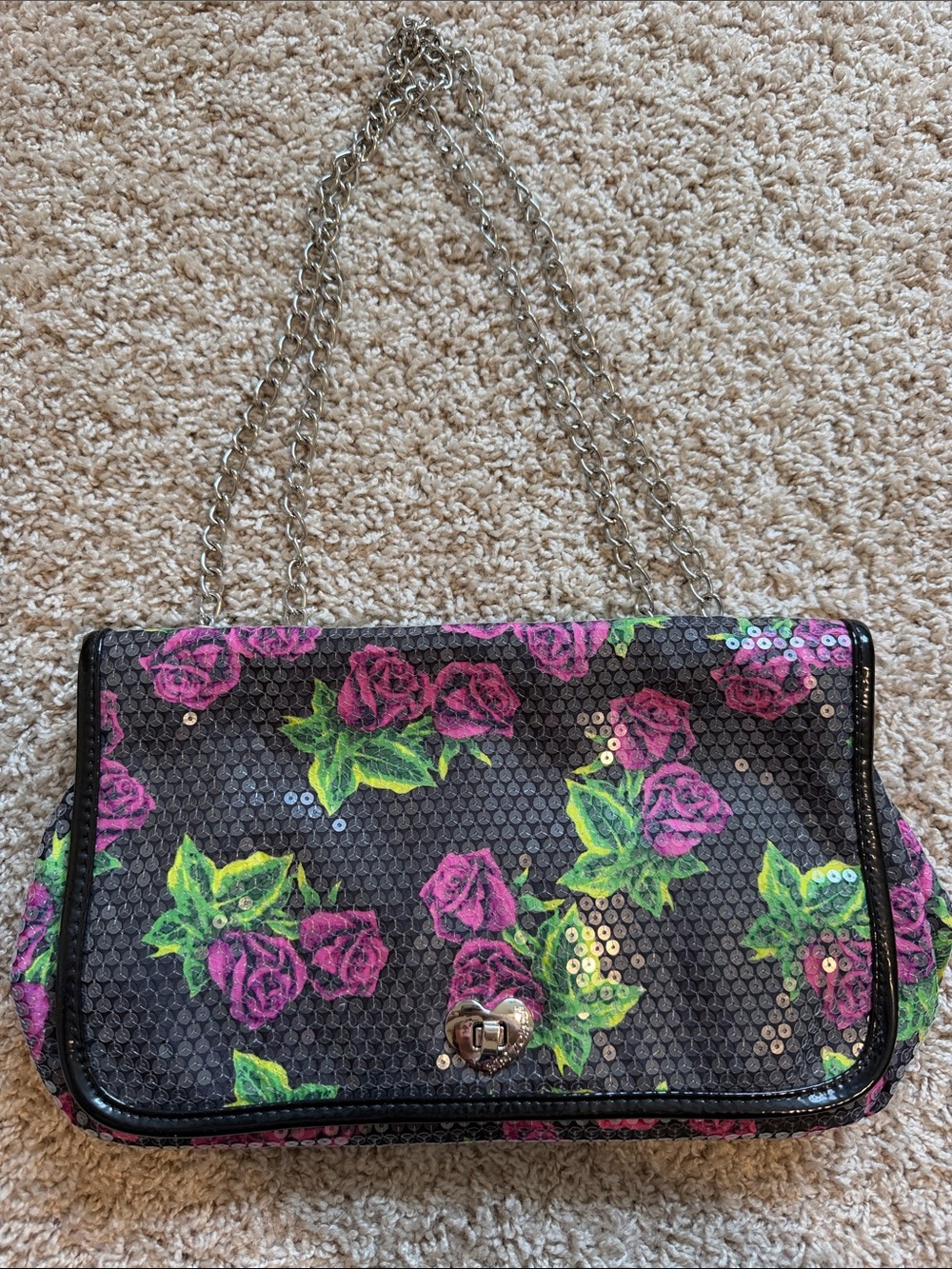 NWOT Rare Betsey Johnson Floral Sequin Chain Shoulder Bag with Pink Roses